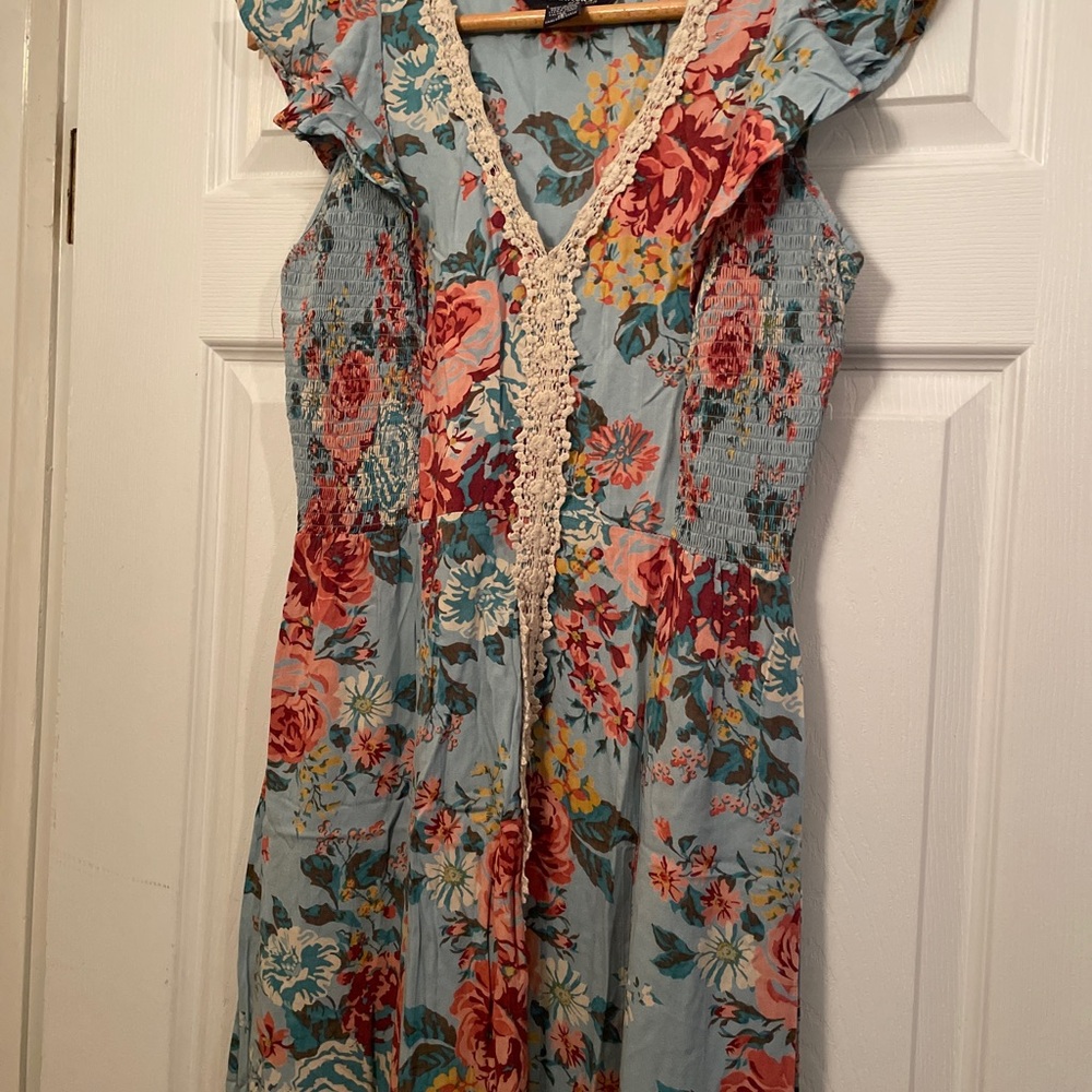 Y2K Chadwicks Floral Blue Dress with Lace Trim